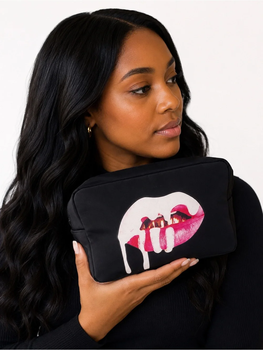 Black Cosmetic Pouch with Pink Lip Print Kylie cosmetics bag